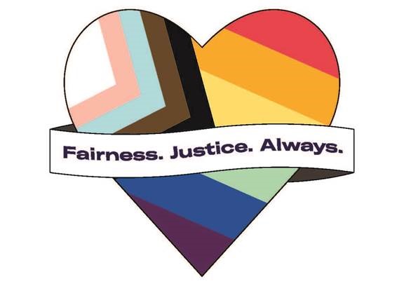 Heart-shaped graphic with the text "Fairness. Justice. Always." A variety of colors, including rainbow stripes and trans pride colors, fill the heart.