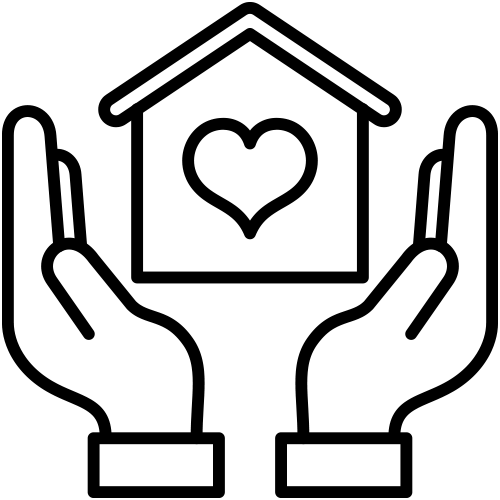 Two hands are holding up a house icon, which has a heart shape in the center. The image is a black and white line drawing.