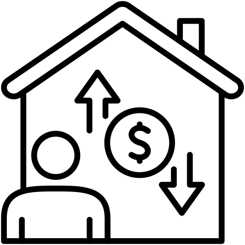 Icon depicting a person in front of a house with a dollar sign and arrows pointing up and down, representing fluctuating housing costs or investment values.