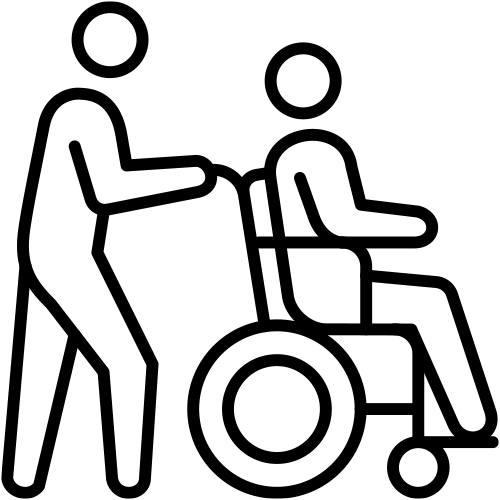 Line drawing of a person pushing another person in a wheelchair.
