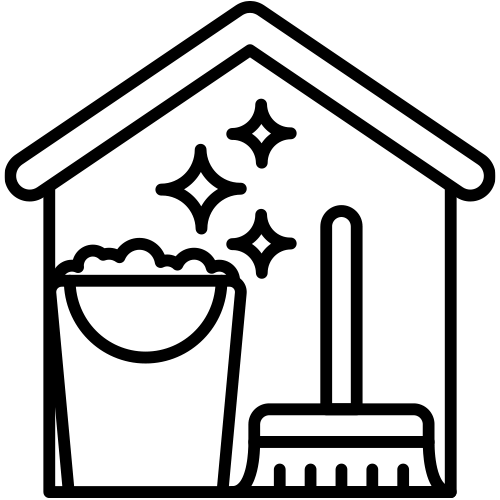 Icon of a house with a mop and bucket inside, symbolizing cleaning. Sparkles indicate cleanliness.