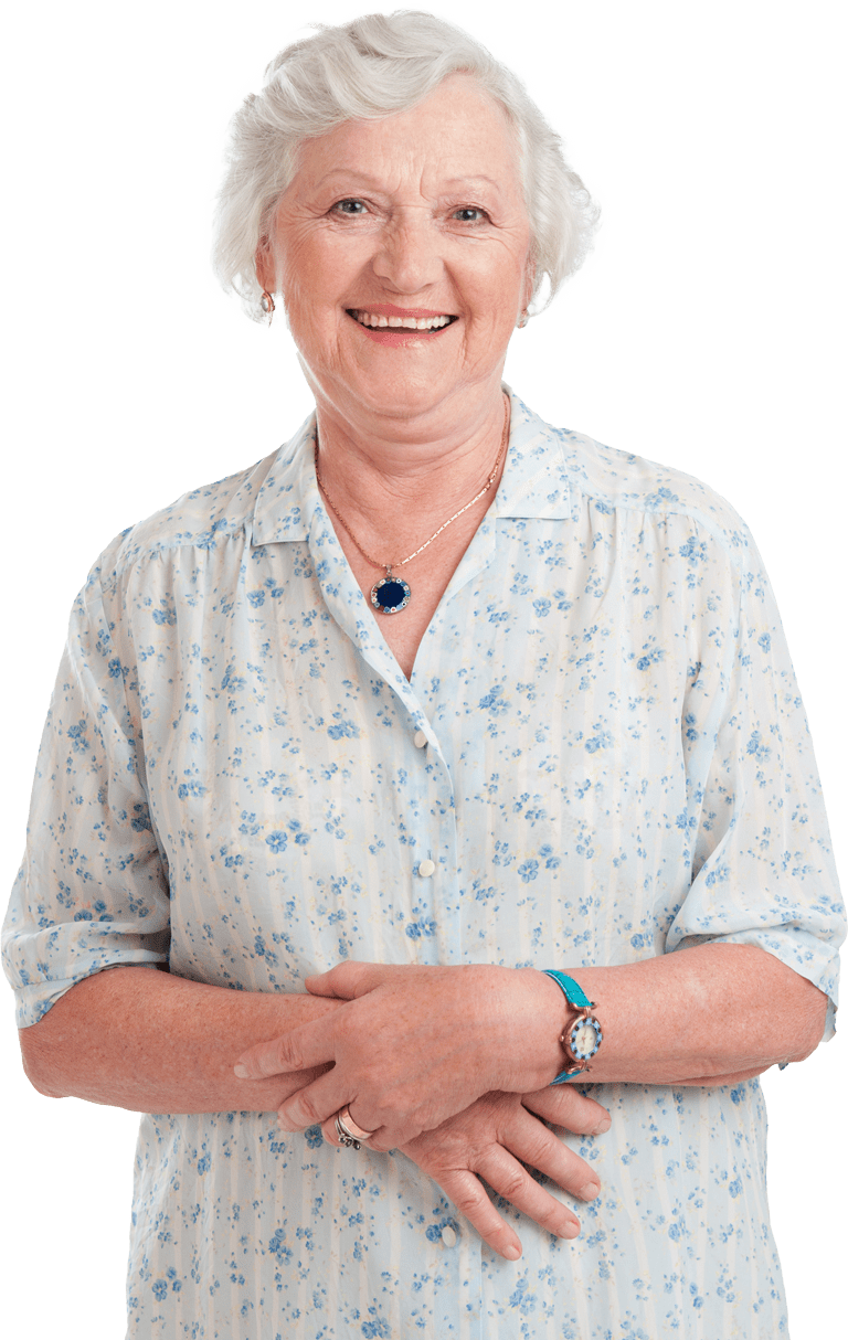 Elderly woman with white hair, wearing a light blue floral blouse, a necklace with a blue pendant, and a wristwatch, smiling with her hands folded in front. Elderly woman with white hair, wearing a light blue floral blouse, a necklace with a blue pendant, and a wristwatch, smiling with her hands folded in front.