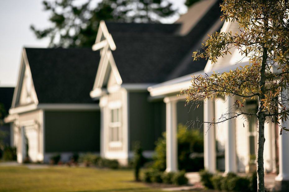 A row of suburban houses with gabled roofs, front lawns, and a young tree in the foreground.