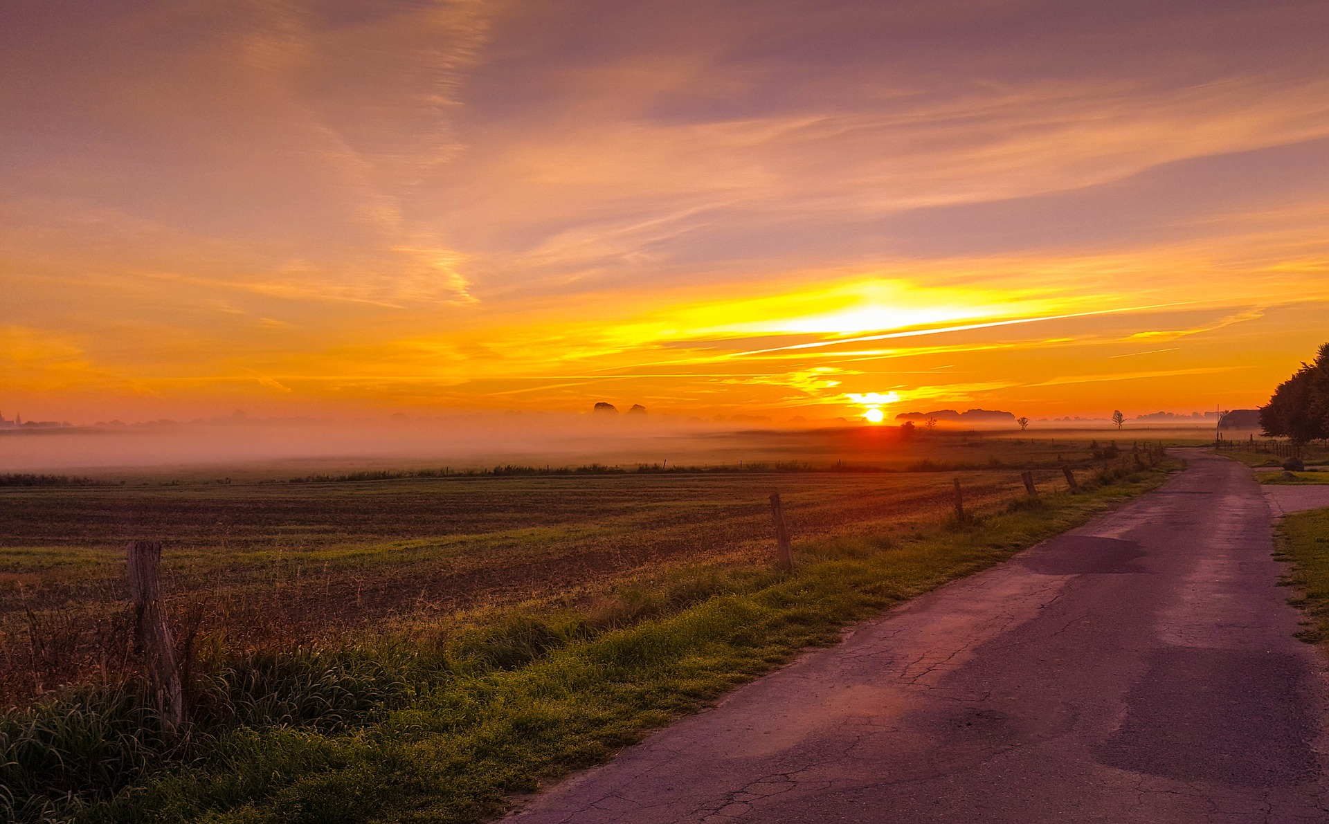 A rural landscape at sunrise with a bright orange sky, fog over fields, a cracked asphalt road, and wooden fence posts.