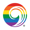 A black comma-shaped symbol on a circular background with horizontal rainbow stripes.