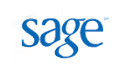 Logo showing the word "sage" in blue text with a small, colorful abstract design on the left side.