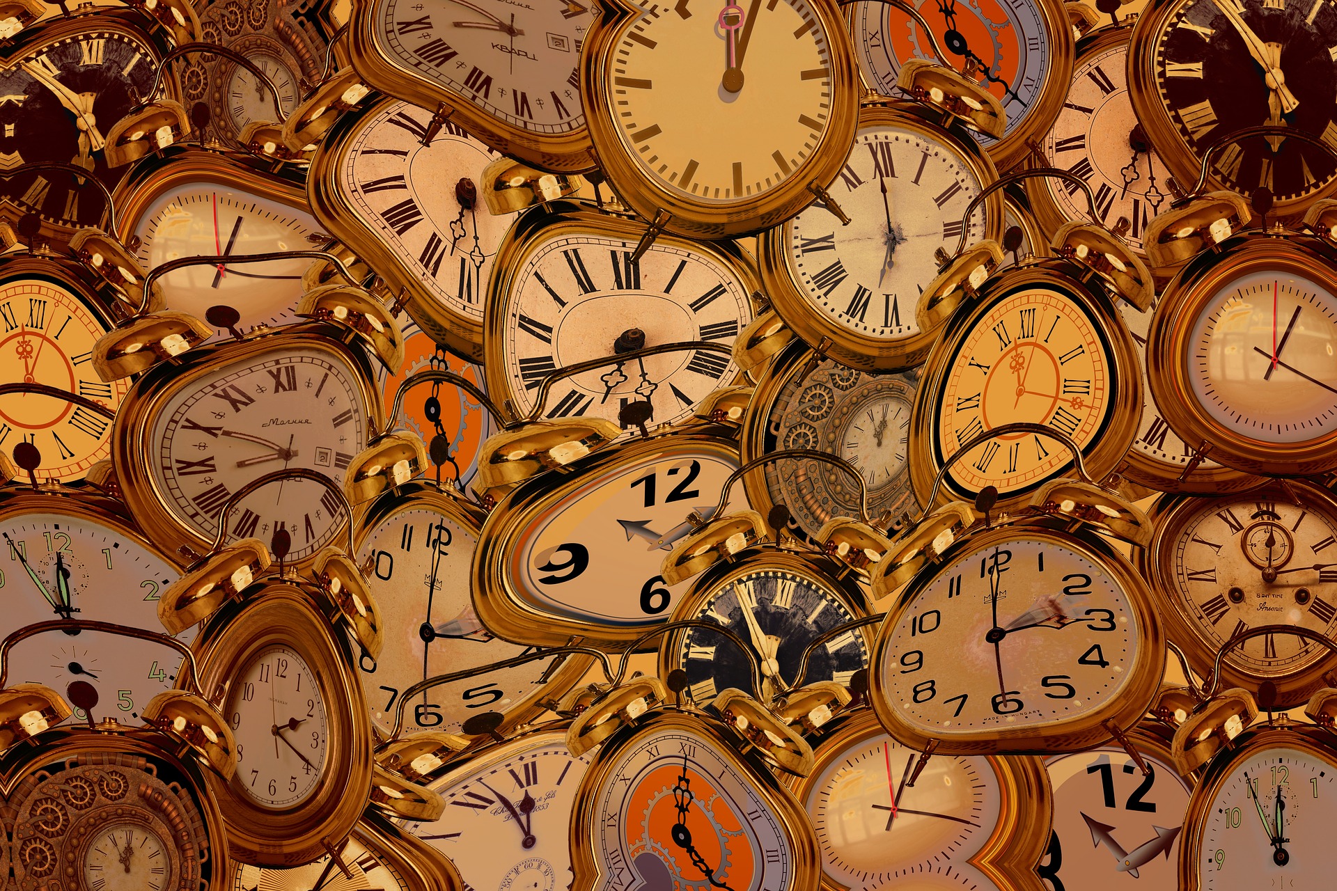 A collage of various vintage pocket watches showing different times, with ornate designs and Roman numerals.